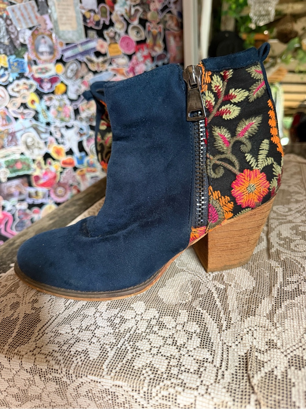 Seychelles Navy Suede Ankle Boot with Floral Embroidered Heel